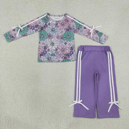 Baby Girls Kids Halloween Pumpkins Flower Bows Shirt Pockets Purple Pants Set