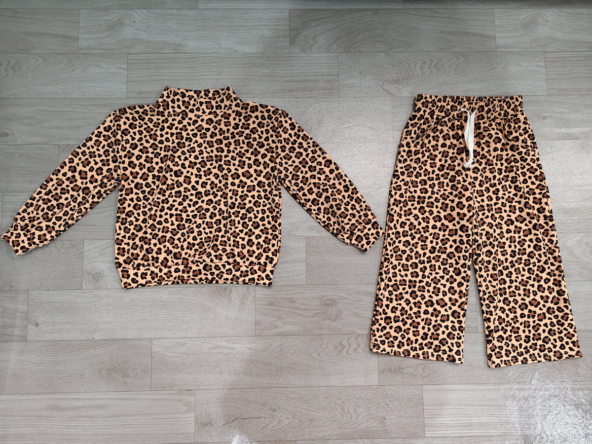 No moq Preorder Baby Girls Kids Long Sleeves Pullover Shirt Leopard Pants Set Yoga Active Clothes