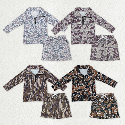 Sibling Baby Boys Kids Long Sleeves Southern Camo Zipper Shirts Pockets Shorts Hunting Clothes Sets