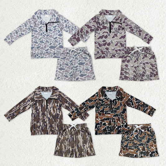 Sibling Baby Boys Kids Long Sleeves Southern Camo Zipper Shirts Pockets Shorts Hunting Clothes Sets