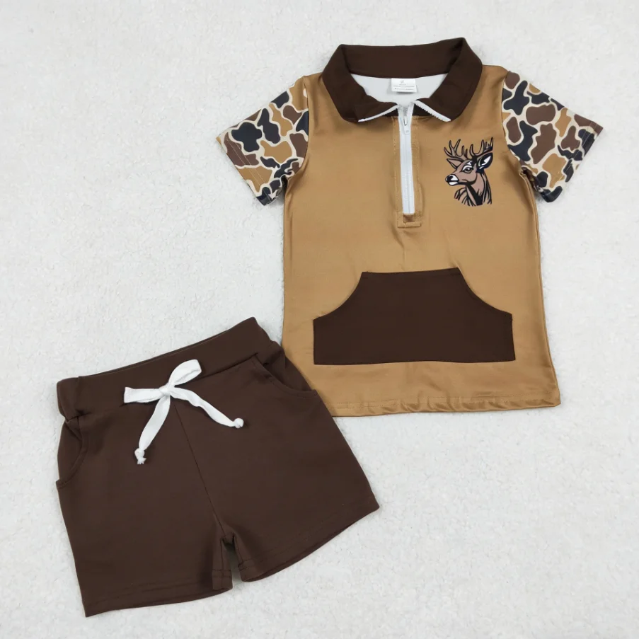 RTS Baby Boys Black Short Camo Sleeves Deer Zipper Shirt Brown Pockets Shorts Clothes Set