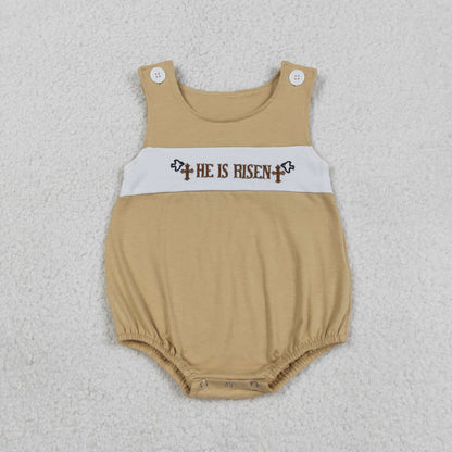 RTS Baby Boys Infant Sleeveless Embroidery Cross Easter Bubble Romper