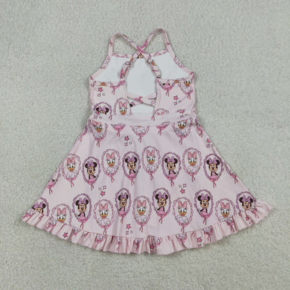 RTS Baby Girls Kids Straps Cartoon Yoga Active Shorts Ruffle Knee Length Dress