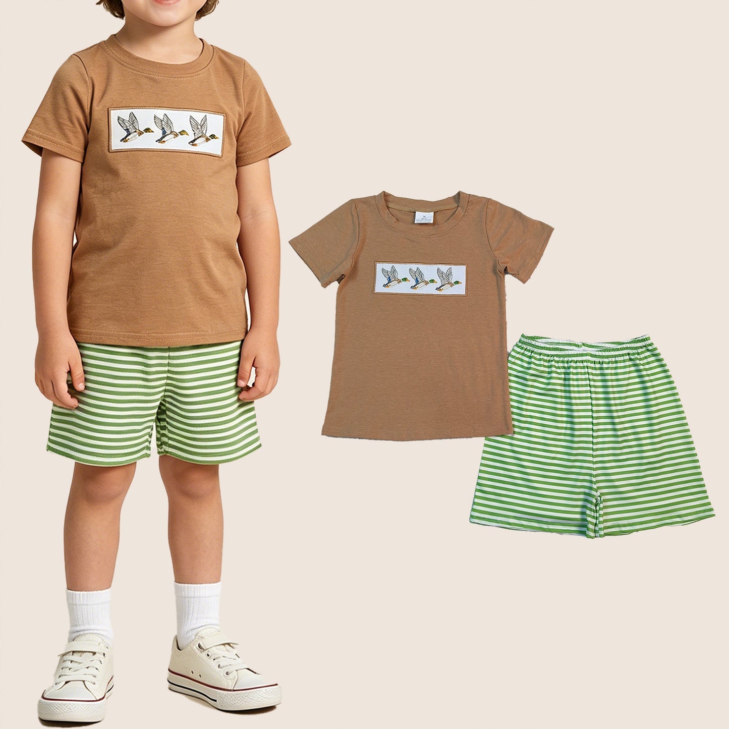 Baby Boys Kids Short Sleeves Embroidery Ducks Shirt Green Stripes Shorts Set