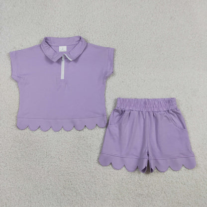 Baby Girls Kids Short Sleeves Zipper Shirt Scallop Shorts Cotton Purple Set