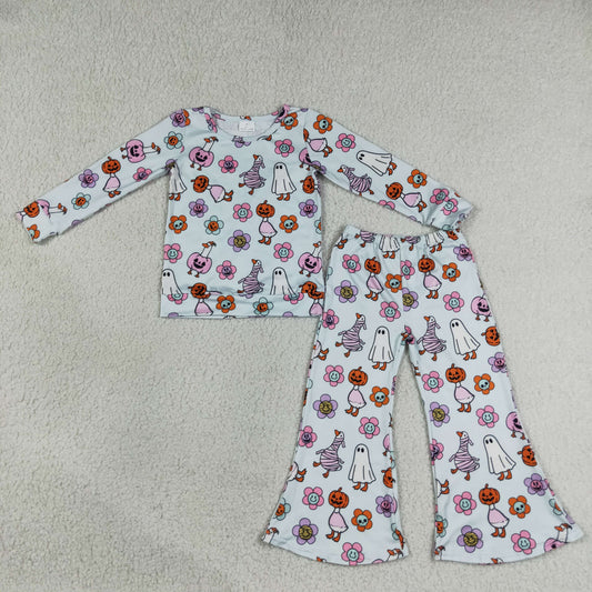 Baby Girls Kids Flower Goose Ghosts Pumpkins Shirt Bell Pants Halloween Set Clothes