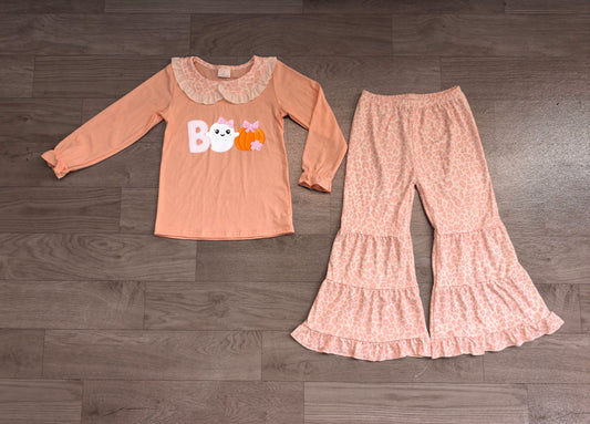 No moq Preorder Baby Girls Kids Ghost Pumpkin Bows Shirt Leopard Pants Set Halloween Clothes