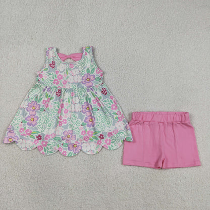 Baby Girls Kids Sleeveless Flower Bows Tops Pink Shorts Summer Set