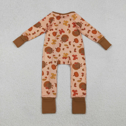 Girls Kids turkey Pumpkin Bows Fall Thanksgiving Zipper Sleeper Romper