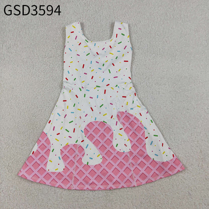 RTS Baby Girls Kids Sleeveless Sprinkles Pink Drips Yoga Knee Length Yoga Dress