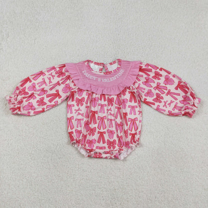 Baby Girls Long Sleeves Embroidery Smocked Daddy's Valentine Pink Bows Bubble Romper