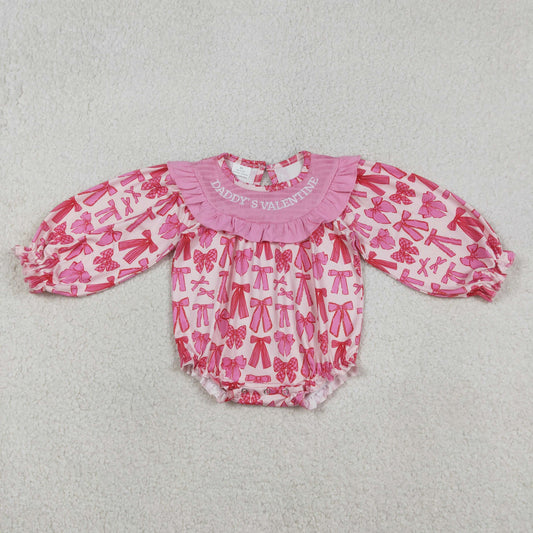 Baby Girls Long Sleeves Embroidery Smocked Daddy's Valentine Pink Bows Bubble Romper