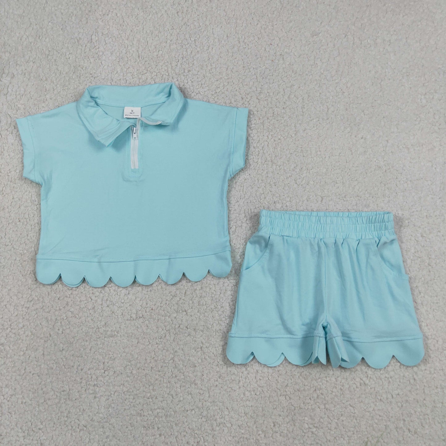 Baby Girls Kids Short Sleeves Zipper Shirt Scallop Shorts Blue Green Set