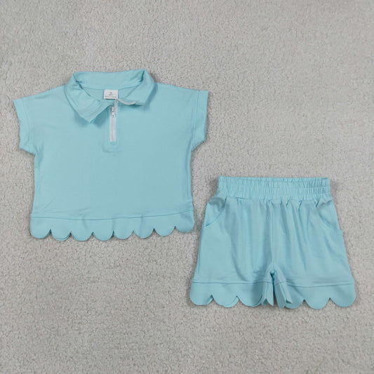 Baby Girls Kids Short Sleeves Zipper Shirt Scallop Shorts Blue Green Set