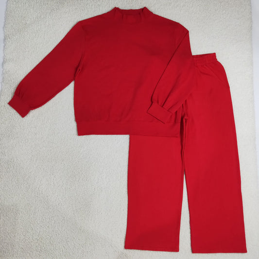 Adult Women Long Sleeves Red Shirt Pockets Pants Cotton Set Clothes