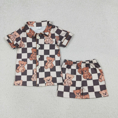 Baby Kids Toddler Short Sleeves Bear Checked Buttons Shirt Shorts Pajamas Set RTS