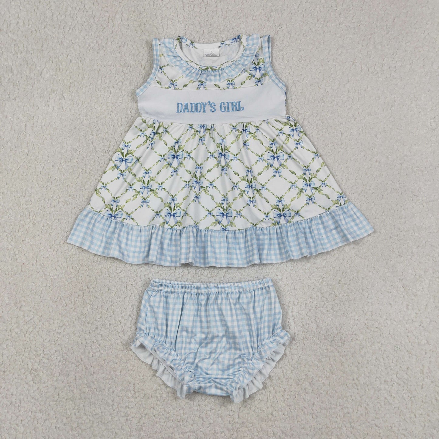 Baby Girls Kids Embroidery Daddy's Girl Bows Tops Blue Bummie Shorts Set Clothes