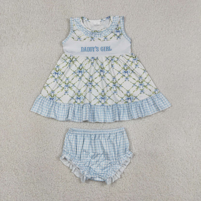 Baby Girls Kids Embroidery Daddy's Girl Bows Tops Blue Bummie Shorts Set Clothes