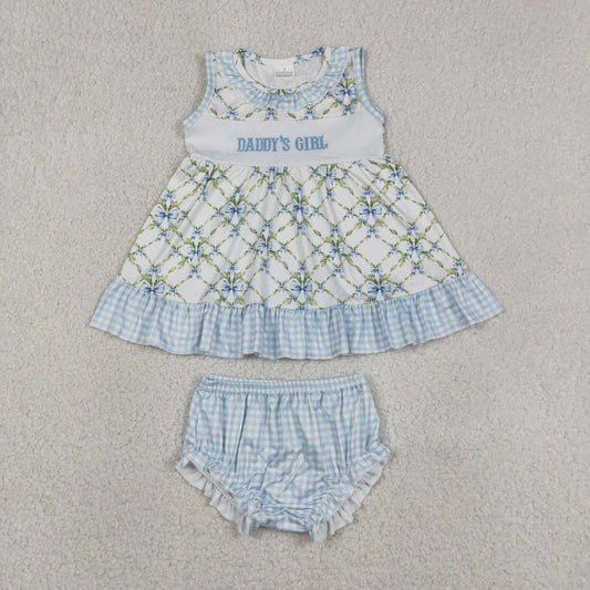 Baby Girls Kids Embroidery Daddy's Girl Bows Tops Blue Bummie Shorts Set Clothes