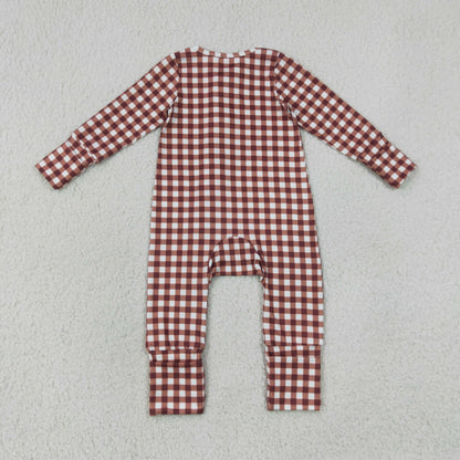 Baby Boys Kids Long Sleeves Brown Plaid Zipper Footie Sleeper Romper Clothes