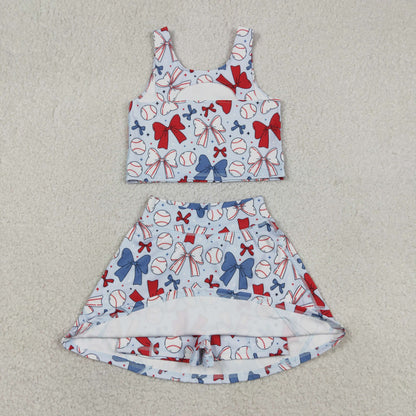 Baby Girls Kids Bows Baseball Shirt Skirt Shorts Yoga Active 4th of July Blue Set Clothes