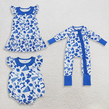 Sibling Baby Girls Kids Cheer Blue Bows Romper Dress Team Clothes