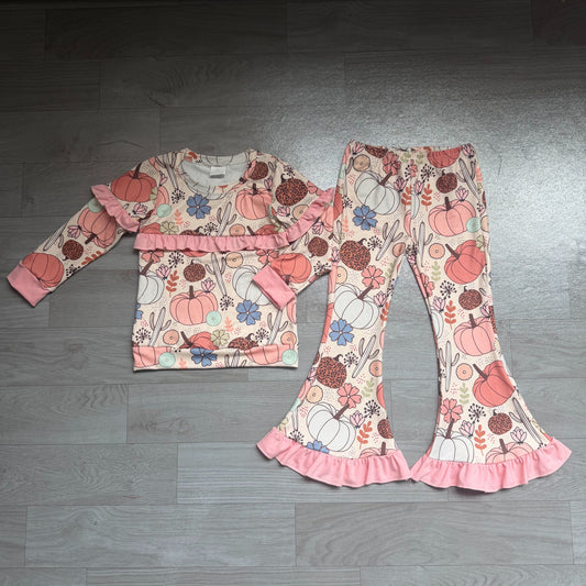 No moq Preorder Baby Girls Kids Pumpkins Flower Cactus Tops Ruffle Pants Set Fall Clothes