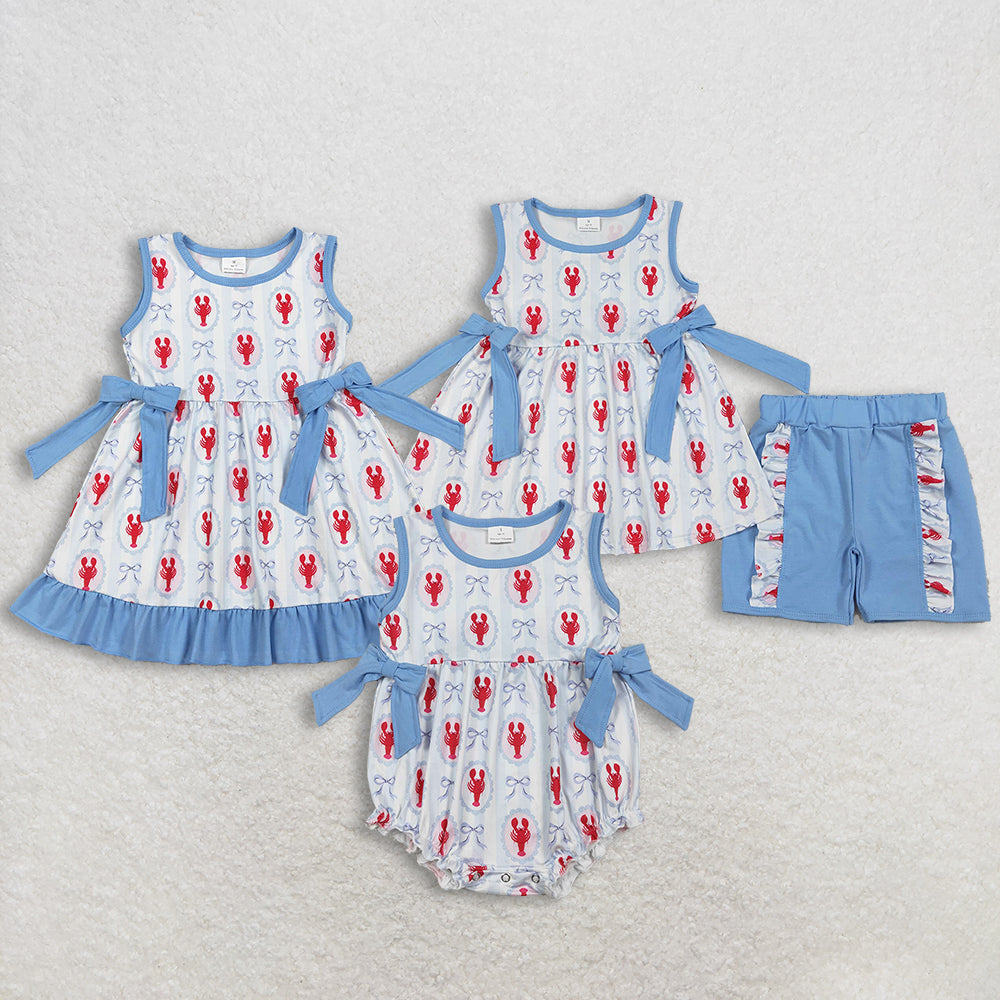 RTS Sibling Baby Girls Kids Sleeveless Crawfish Blue Bows Stripes 4th of July Romper Dress Set