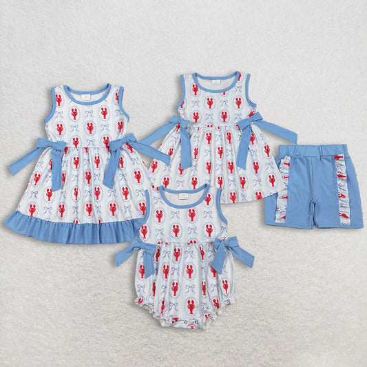 RTS Sibling Baby Girls Kids Sleeveless Crawfish Blue Bows Stripes 4th of July Romper Dress Set
