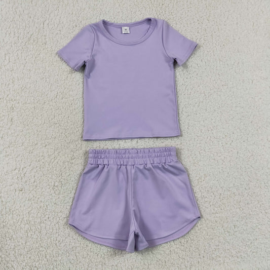 Baby Girls Kids Short Sleeves Lavender Shirt Skirt Shorts Yoga Active Set Clothes