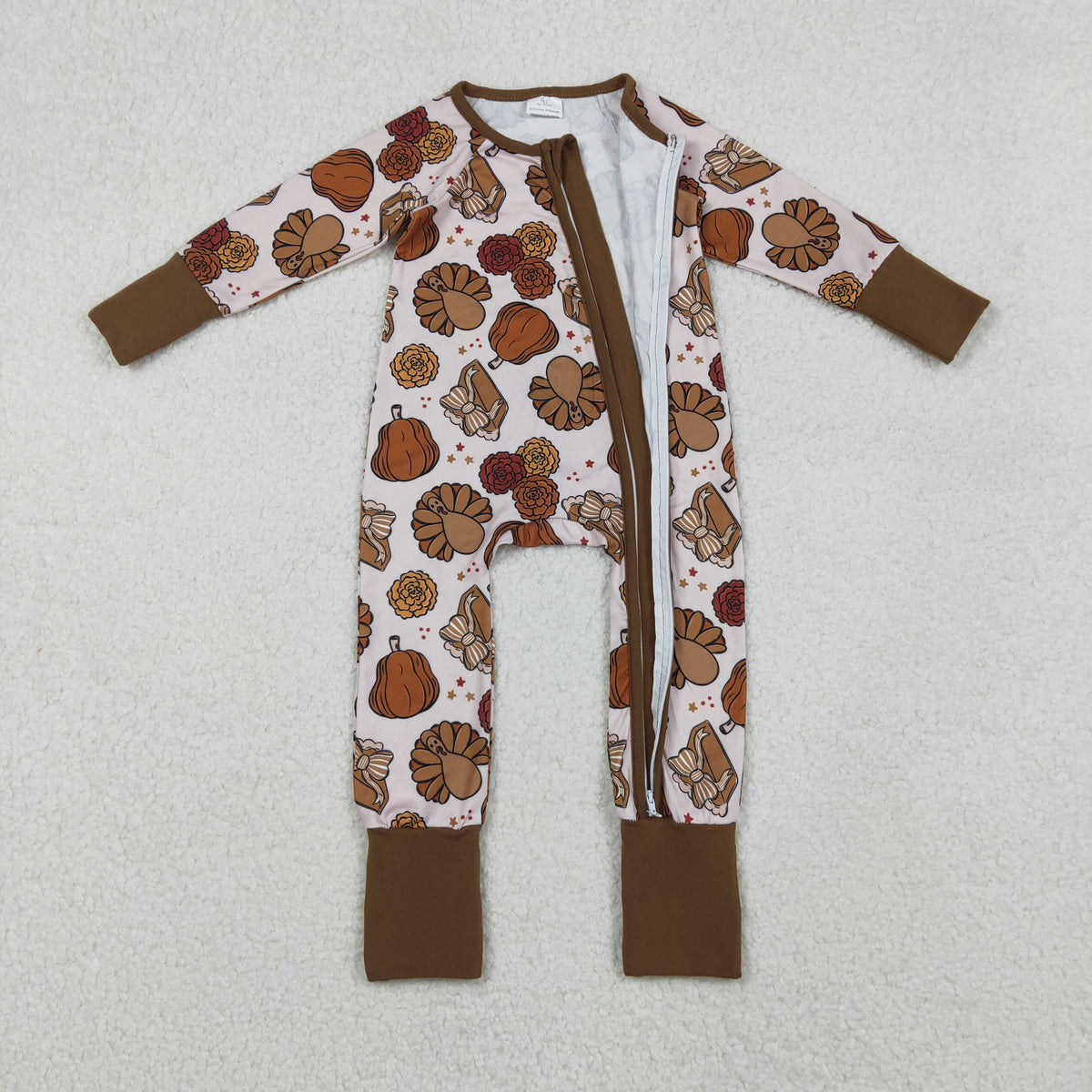 Girls Kids turkey Pumpkin Pie Fall Thanksgiving Zipper Sleeper Romper