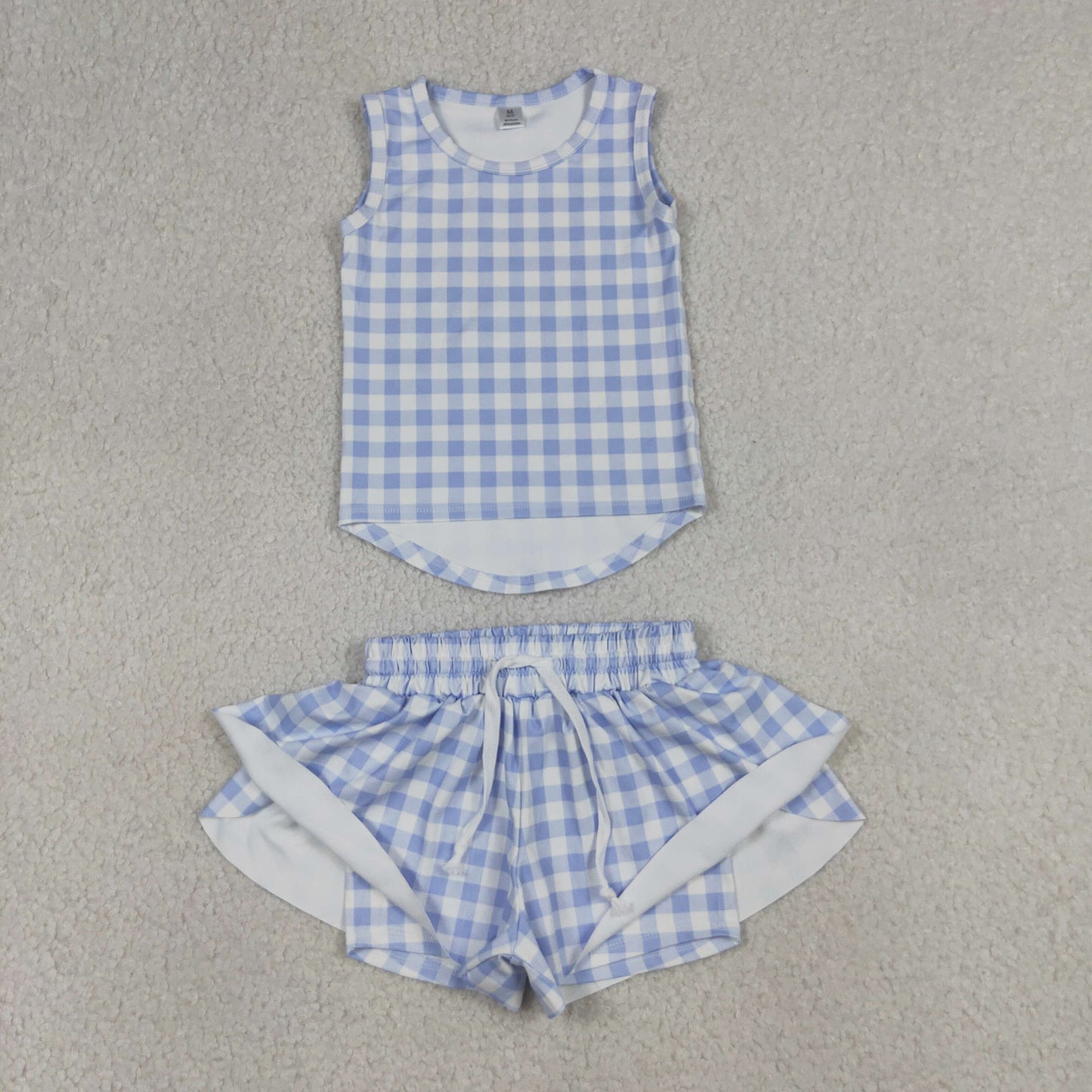 Baby Girls Kids Sleeveless Blue Plaid Tops Shorts Set Yoga Clothes