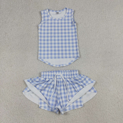Baby Girls Kids Sleeveless Blue Plaid Tops Shorts Set Yoga Clothes