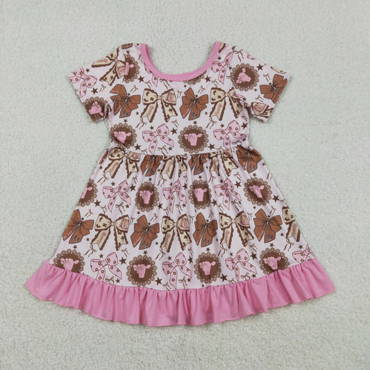 Baby Girls Short Sleeves Boots Bows Western Ruffle Knee Length Dress