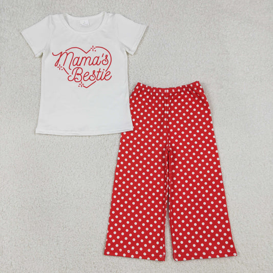 RTS Baby Girls Short Sleeves Mama's Bestie Heart Shirt Red Dots Pants Clothes Set