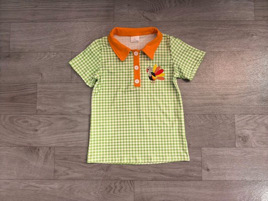No moq Preorder Baby Boys Embroidery turkey Green Plaid Buttons Shirt Kids Thanksgiving Clothes