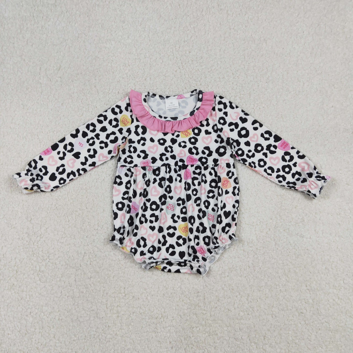Baby Girls Kids Hearts Leopard Valentine's Day Ruffle Bubble Romper