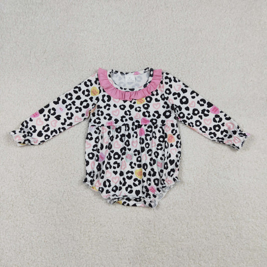 Baby Girls Kids Hearts Leopard Valentine's Day Ruffle Bubble Romper