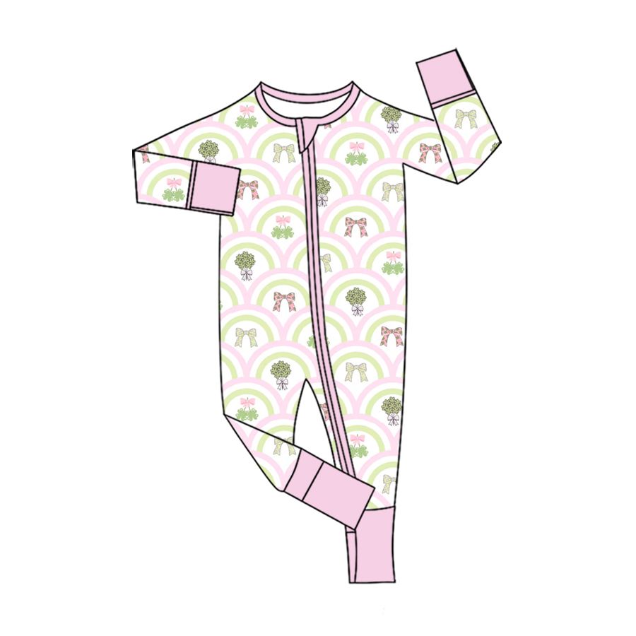 Moq 5 Preorder Baby Boys Kids Flower Bows St Patrick Zipper Footie Sleeper Romper Clothes