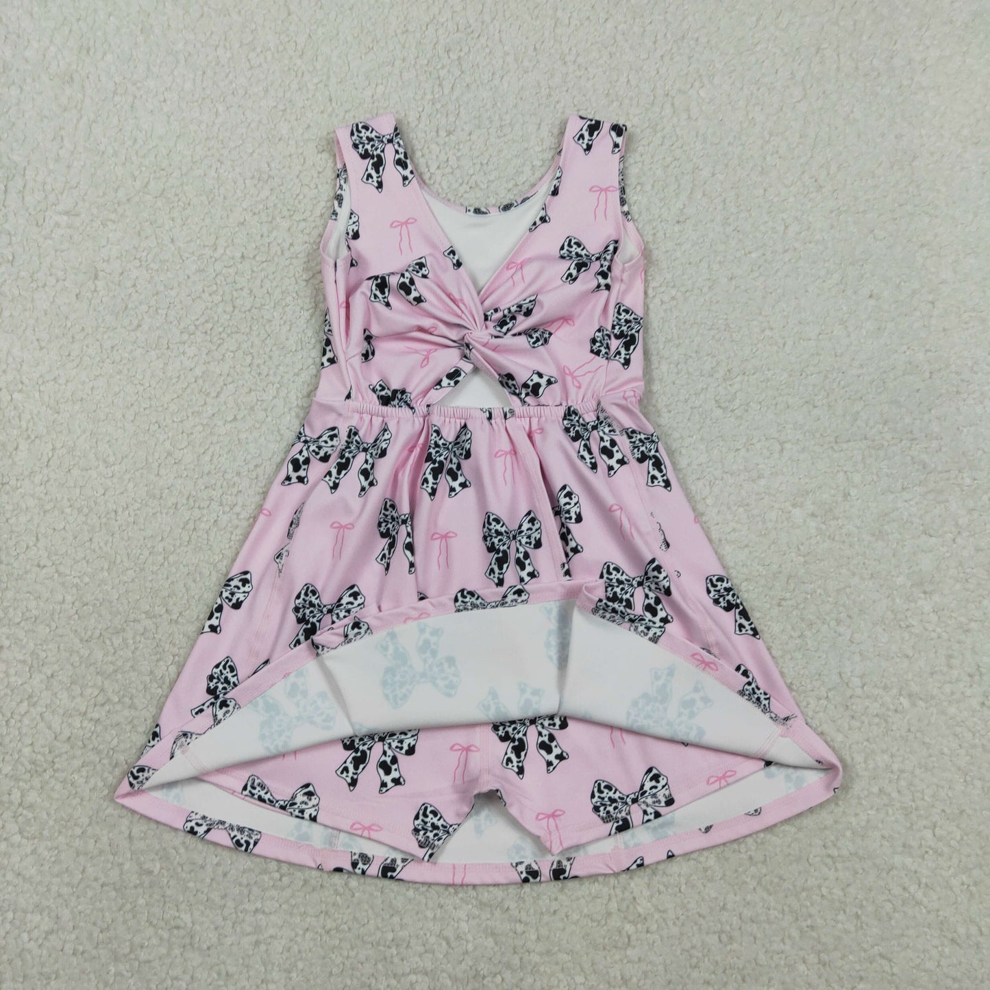 RTS Baby Girls Sleeveless Cow Print Bows Pink Yoga Shorts Knee Length Dress