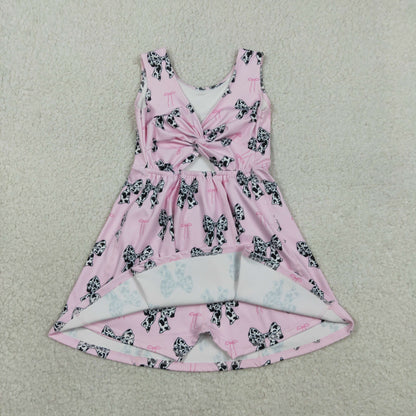 RTS Baby Girls Sleeveless Cow Print Bows Pink Yoga Shorts Knee Length Dress