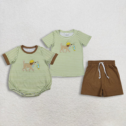 RTS Sibling Baby Boys Short Sleeves Embroidery Dog Fishing Pockets  Shorts Set Romper Clothes