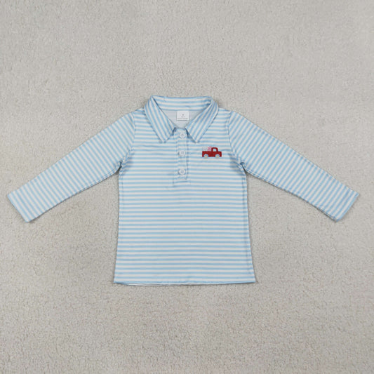 RTS Baby Boys Kids Long Sleeves Embroidery Hearts Truck Stripes Valentine Buttons Shirt Tops