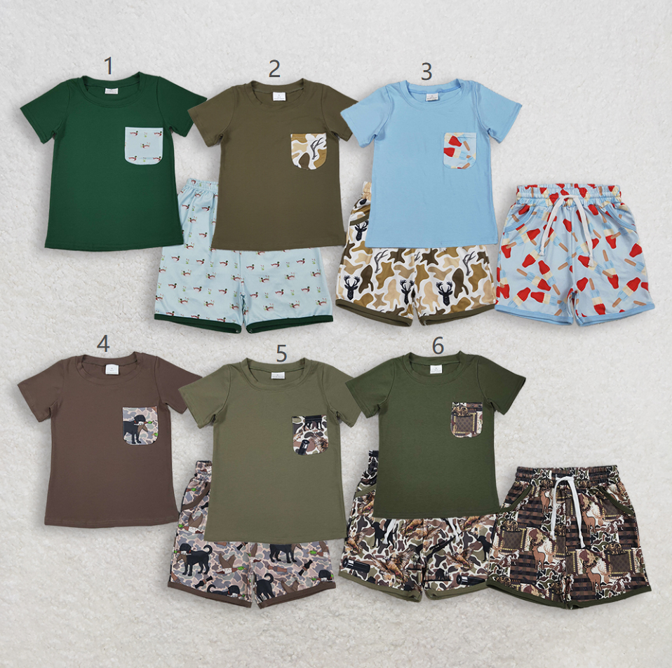 RTS Sibling Baby Boys Kids Short Sleeves Cotton Shirts Pockets Shorts Sets Summer Camo Clothes