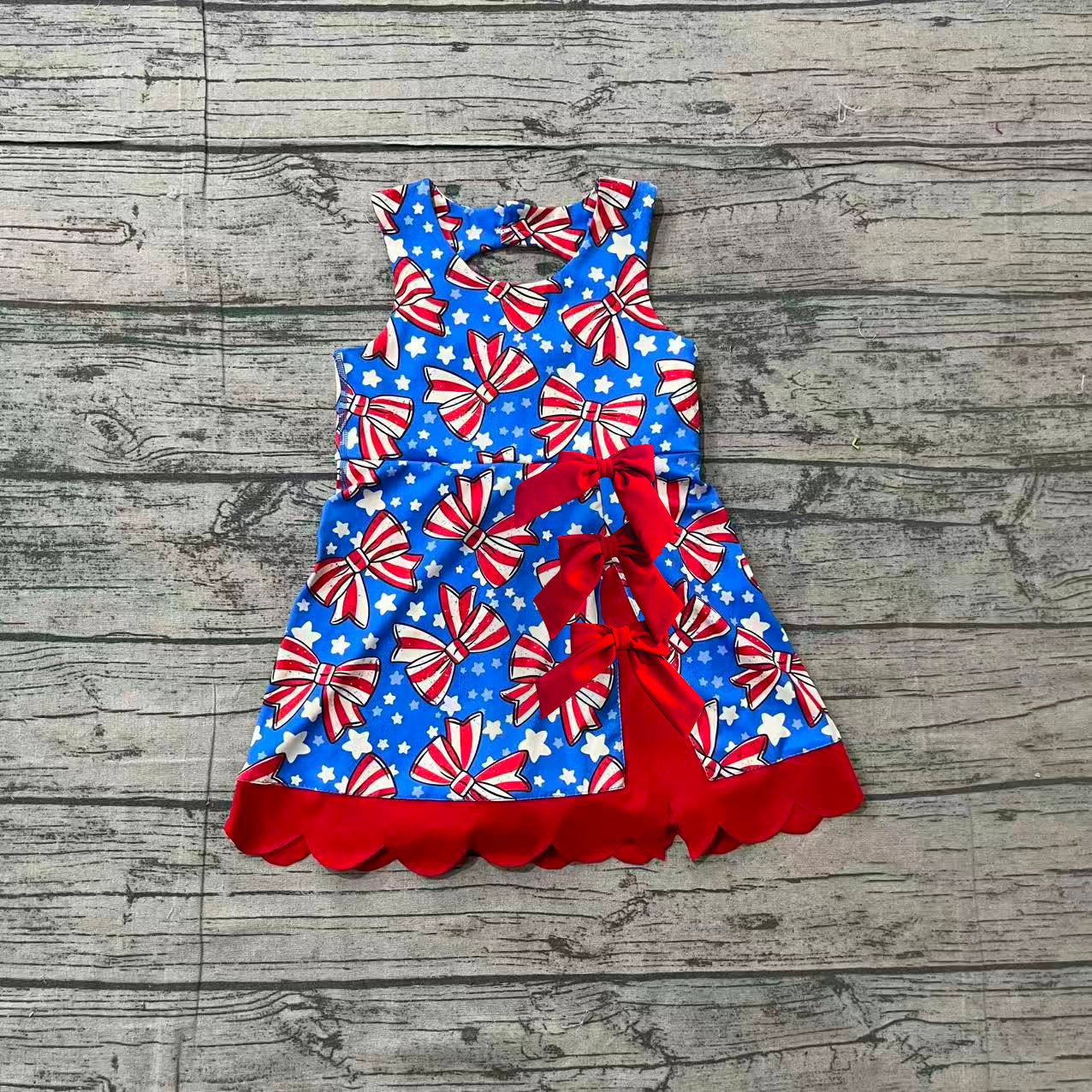 Preorder Baby Girls Bows Stars 4th of July Yoga Active Shorts Knee Length Scallop Dress