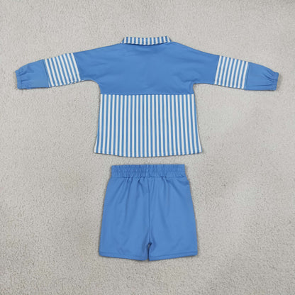 Baby Girls Kids Blue Stripes Zipper Pullover Shorts Yoga Active Set Clothes