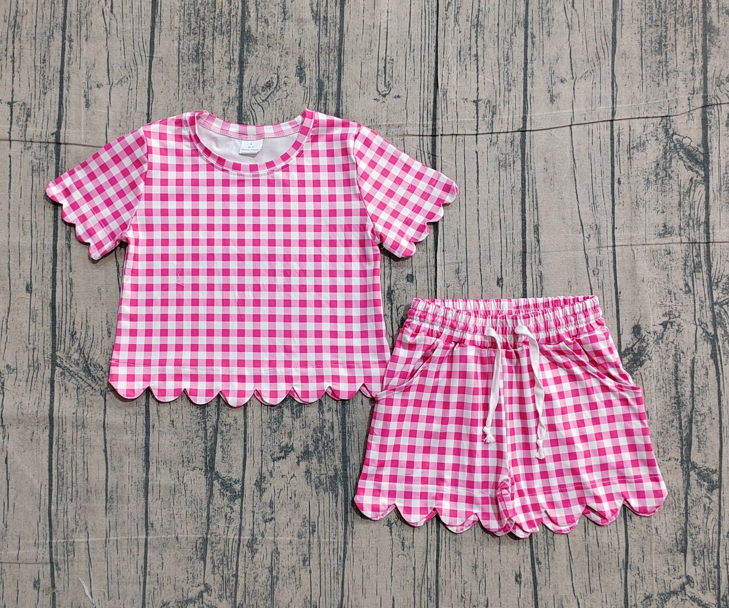 RTS Baby Girls Kids Short Sleeves Plaid Shirt Scallop Shorts Pink Clothes Set