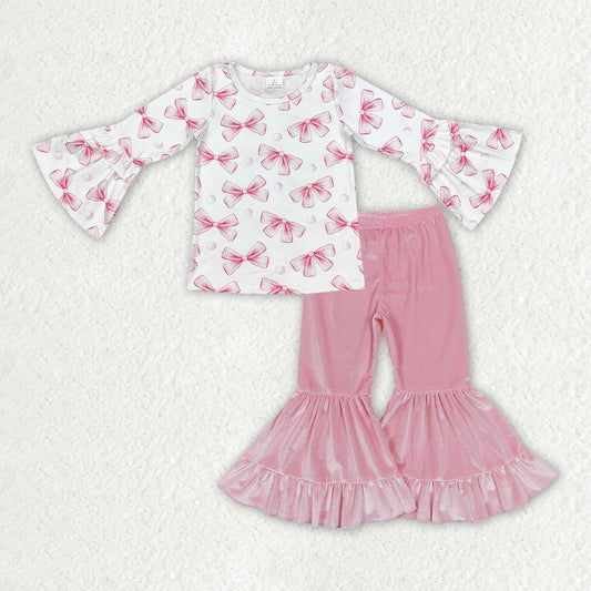 Baby Girls Kids Long Sleeves Bows Shirt Pink Velvet Pants Clothes Set