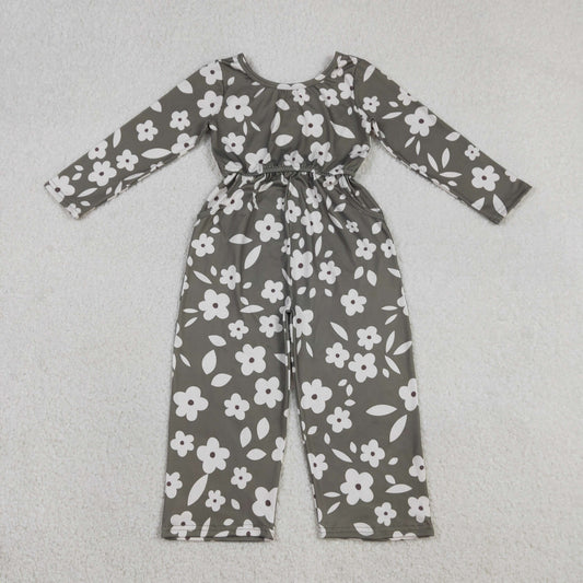 Baby Girls Kids Long Sleeves Flower Buttons Pockets Pants Jumpsuit