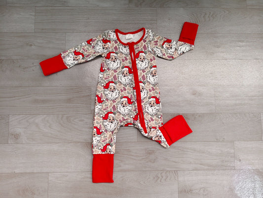 No moq Preorder Baby Boys Kids Santa Camo Print Christmas Zipper Footie Sleeper Romper Clothes